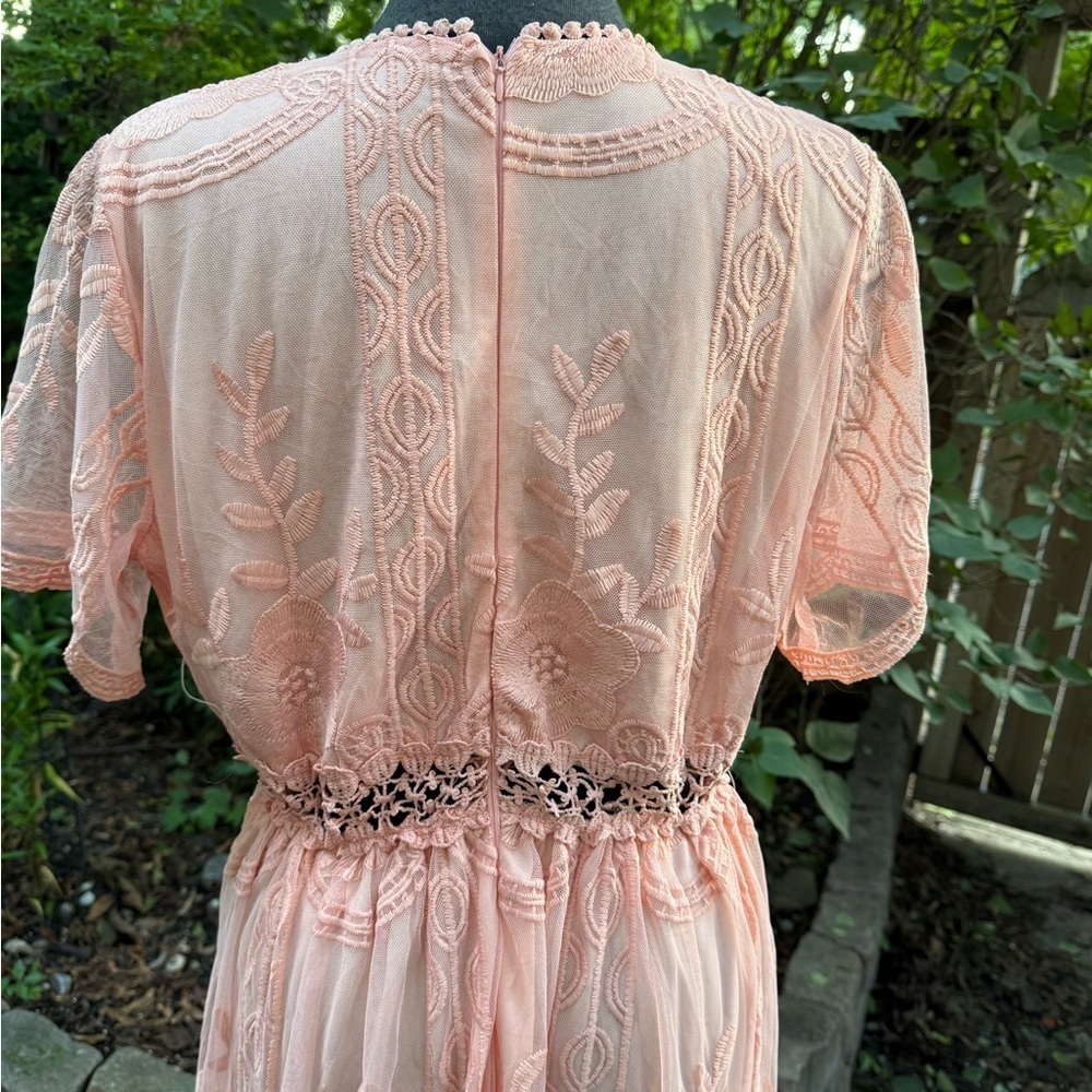 Elegant Soft Pink Flowy Lace Maxi Dress. M-L. - Picture 4 of 12